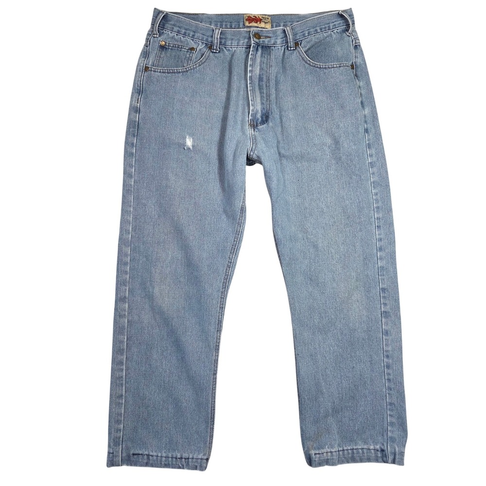 Field N Forest Mens Light Wash Denim Jeans 35x25 Relaxed Fit Distressed Cowboy